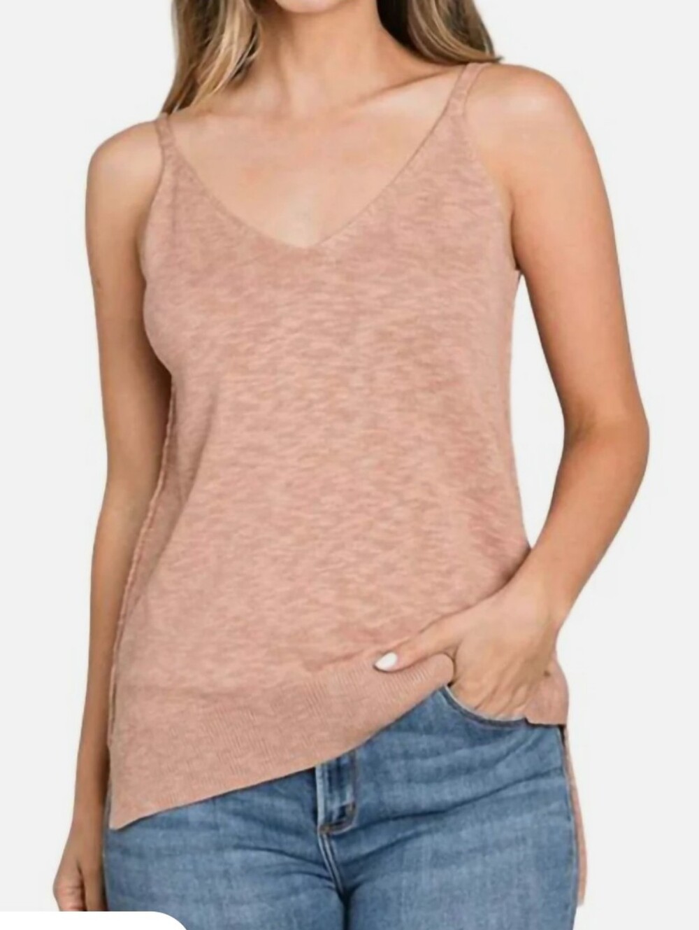 BE COOL Tan Peachy Blush V Neck Knit Cami Tank Top Soft  Summer Lagenlook Medium